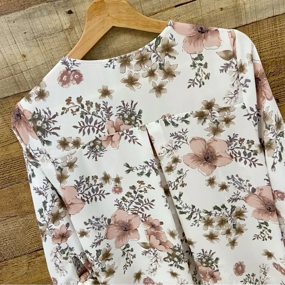 Floral Blouse, Wrap Style, Flowy, 3/4 Length Sleeves, Longer in Back - Picture 7 of 11